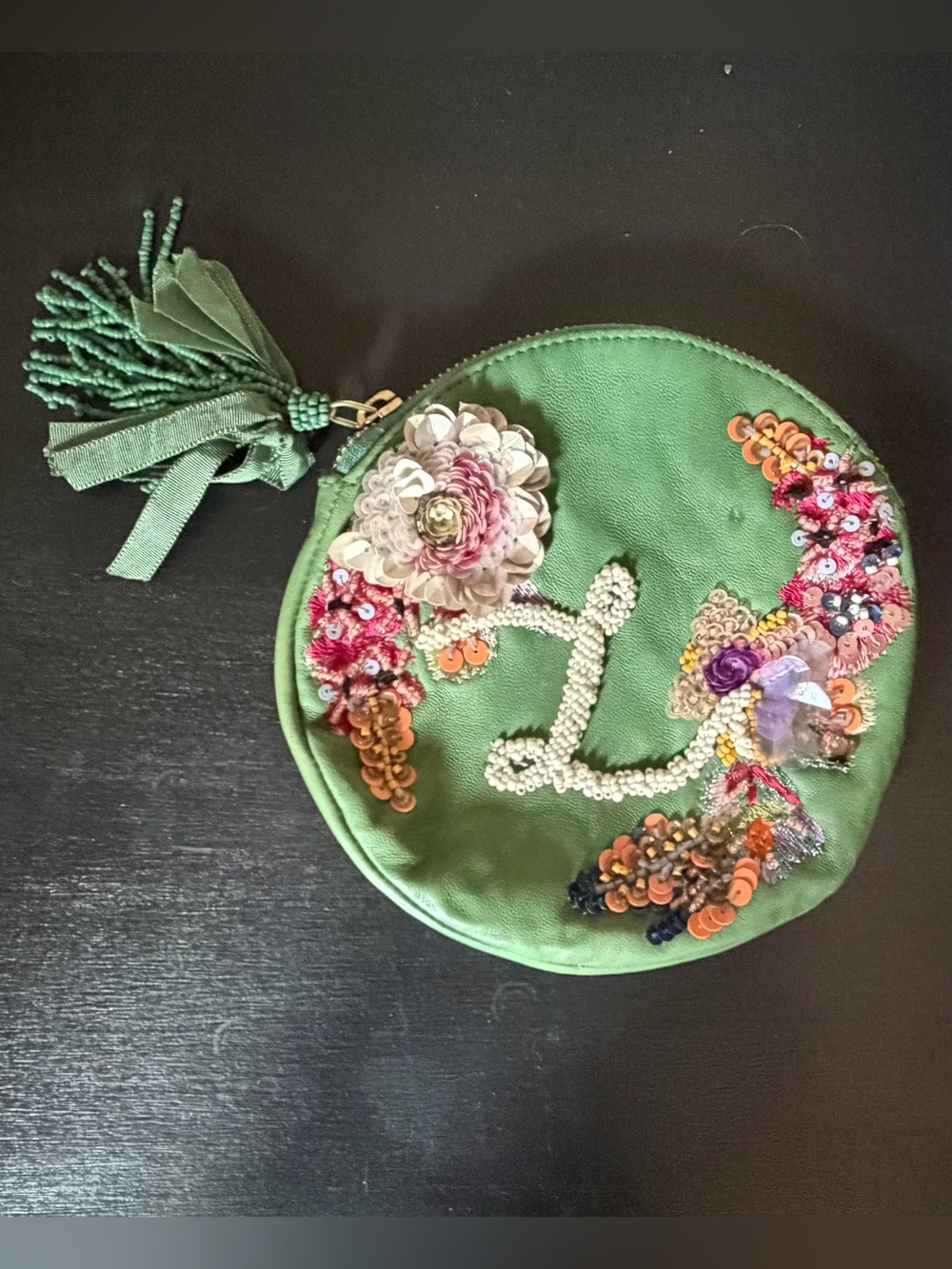 Vera Bradley x Anthropologie Green Embroidered Sequin Round Pouch Bag